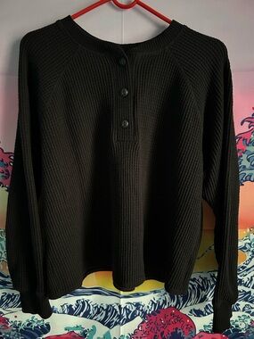 Black Plush Tee with Buttons- Women